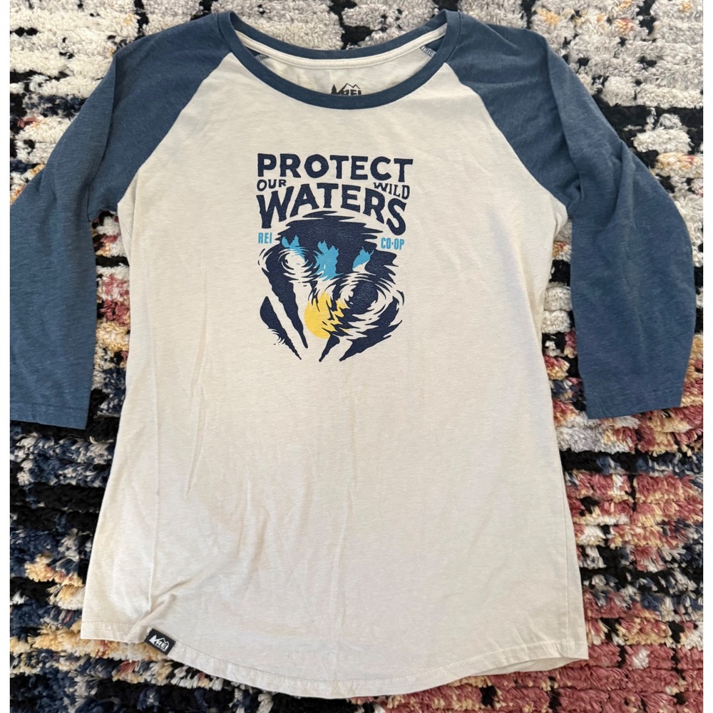 REI Co-op Womens Protect Our Wild Waters Baseball Graphic Tee Blue Cream Medium